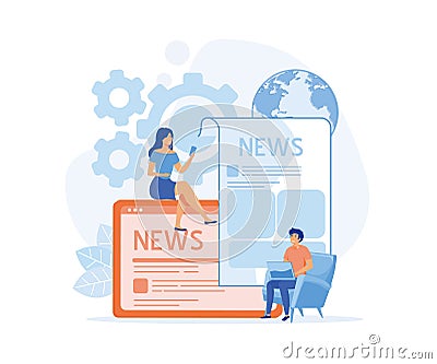 Reading latest or hot news online on smartphone or laptop. Vector Illustration