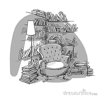 Reading nook, cozy room with bookshelves, vector illustration Vector Illustration