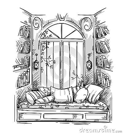 Reading nook, cozy window seat vector drawing Vector Illustration