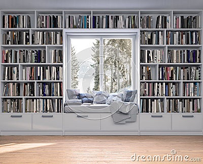 Reading place with wooden floor,bookshelves, white wall Cartoon Illustration