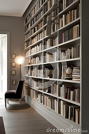 Reading place with wooden floor,bookshelves, white wall Stock Photo