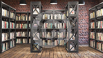 Reading place wuith Bookshelves,Loft style interior, wooden floor Cartoon Illustration