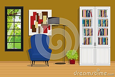 Reading Room interior with Sofa and Bookcase. Vector Illustration