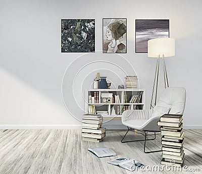 Reading room, white wall, white wooden floor with stacks of books Cartoon Illustration