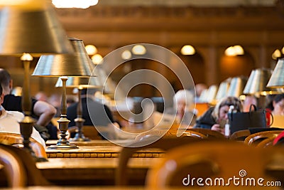 Reading room with wooden vintage tables in library Stock Photo