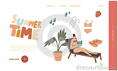 Reading Spare Time Landing Page Template. Woman in Bikini Sitting on Deck Chair at Pool or Beach Read Book Vector Illustration