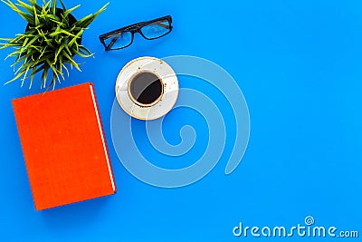 Reading for study and work. Self-education concept. business literature. Books with empty cover near glasses, coffe Stock Photo