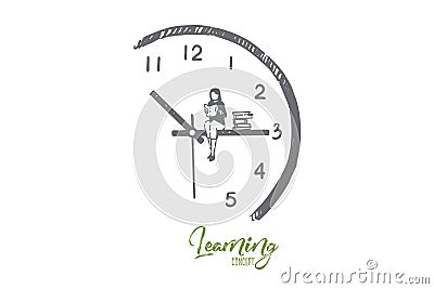 Reading time metaphor, girl with open book sitting on clock hand Vector Illustration