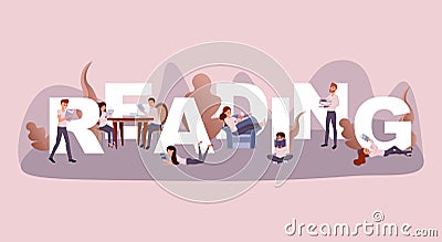 Reading time word concept banner. Couple enjoying new novel in cafe cartoon characters. Intellectual people hobby Vector Illustration