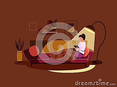 Reading under lamp. Read book in bedroom before bed, girl night reader books light, woman on couch, rest room home Vector Illustration