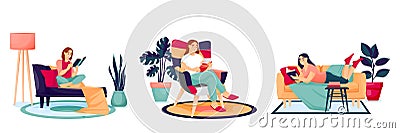 Reading women characters set. Girls read books at home. Vector illustration of education, study or leisure lifestyle Vector Illustration