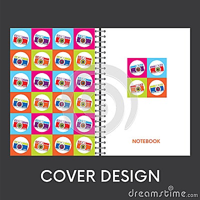 Ready-made cover design for a notebook with multi-colored retro cameras. Vector illustration. Vector Illustration