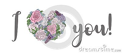 Ready-made design of postcard design I love you, I miss you, Goodbye and Hello. Postcards with roses and peonies. Vector Illustration