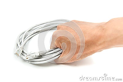 Ready-made LAN cable on IT professional hand Stock Photo