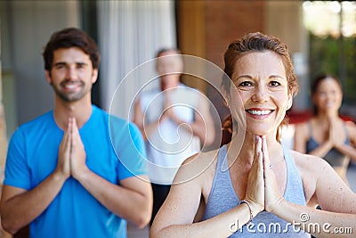Ready for our yoga class. Portrait of a yoga class in progress. Stock Photo