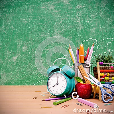 Ready for school concept background with books, alarm clock and accessory Stock Photo