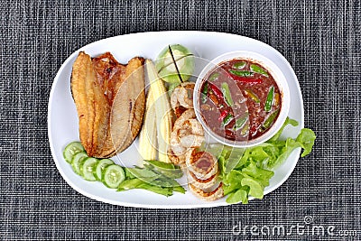 Ready served Spicy shrimp paste dip as Nam Prik Kapi. Stock Photo