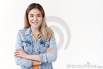 Ready start working today. Devoted energized professional girl photographer cross arms chest confident assertive smiling Stock Photo