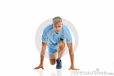 Ready steady go. Man sportsman start running. Runner handsome strong guy isolated on white. Workout training. Run faster Stock Photo