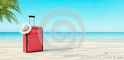 Ready for summer vacation, travel background, Sandy Beach with palm tree and suitcases, 3D Render Cartoon Illustration