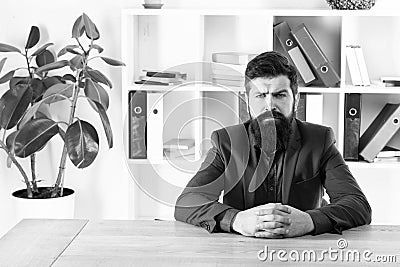 Ready to hear your opinion. Report and complaint concept. Man bearded hipster boss looking at you with attention. Boss Stock Photo
