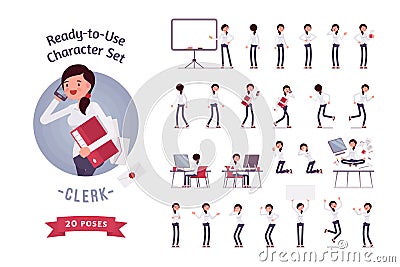 Ready-to-use business female clerk character set, different poses and emotions Vector Illustration