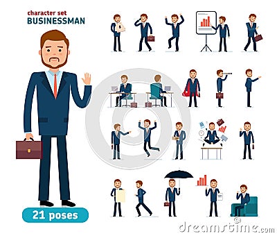 Ready to use character set. Businessman. Different poses and emotions Vector Illustration