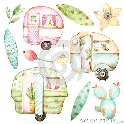 Ready to use children illustration style set of watercolor graphics including three retro caravans, three leaves, aqua cactus, yel Cartoon Illustration