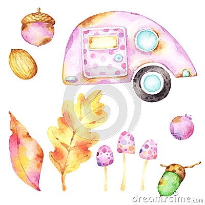 Ready to use collection of isolated watercolor images on white background including cute tiny purple caravan with a polka dot door Cartoon Illustration