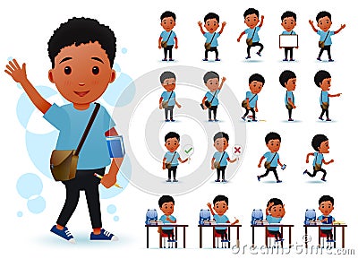 Ready to Use Little Black African Boy Student Character with Different Facial Expressions Vector Illustration