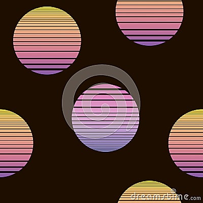 Synthwave seamless pattern with suns in orange colors Vector Illustration
