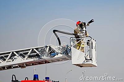 Ready to work lift the fire truck. Putting out fires and saving people Editorial Stock Photo