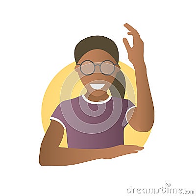 Ready, willing to answer or help black girl in glasses. Flat gradient style icon of african pretty woman with hand up. Simply edit Vector Illustration