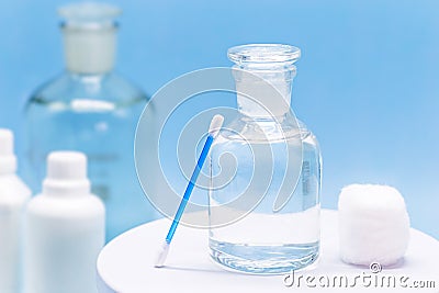 Reagent bottle with glass stopper, with hydrogen peroxide inside. Chemical element H2 O2 in laboratory Stock Photo