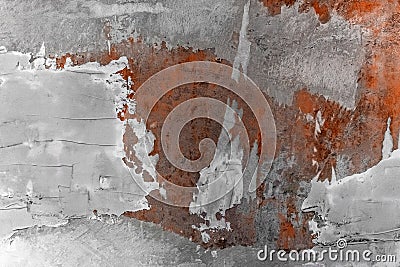 Real abstract pattern of peeling worn red wall with layers of paints and cement Stock Photo
