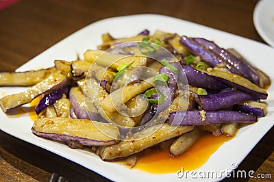 Real chinese food: Yuxiang eggplant casserole. Stock Photo