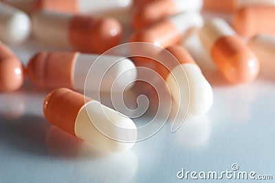 Real drug photos, Pharmaceutical medicine pills capsules heap, Close up, Illness and Medical treatment, Pills background. Stock Photo