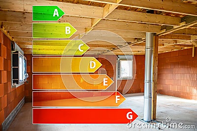 Real ecological house in construction with energy efficiency rating Stock Photo