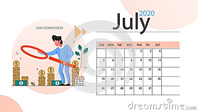 Real estate advantage annual calendar July. Idea of house for sale Vector Illustration