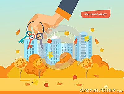 Real estate agency. Business property investment. Buying, selling houses. Vector Illustration