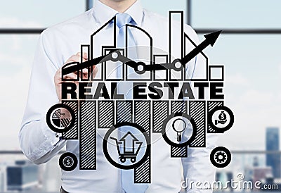 Real estate agent is drawing the chart of the real estate market on the glass screen. Stock Photo