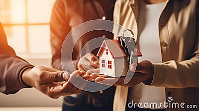 Real estate agent giving house key to customer after signing agreement contract. Generative AI Cartoon Illustration