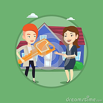 Real estate agent giving key to new house owner. Vector Illustration