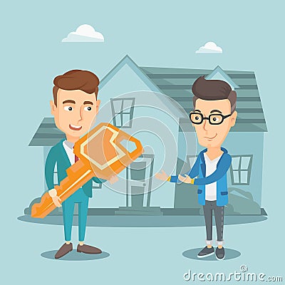 Real estate agent giving key to new house owner. Vector Illustration