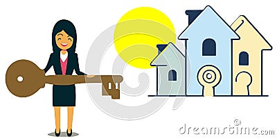 Real estate agent holding large key and houses with keyhole vector graphics Cartoon Illustration