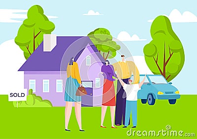 Real estate agent sell house to young family, father mother and kid character buy country apartment flat vector Vector Illustration