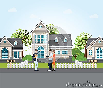 Real estate agent showing new house to couple. Vector Illustration