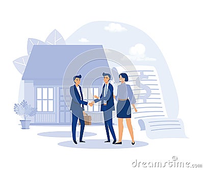 Real estate broker, Couple meeting broker in office, visiting real estate firm, realtor showing a house to customers, acquiring Vector Illustration