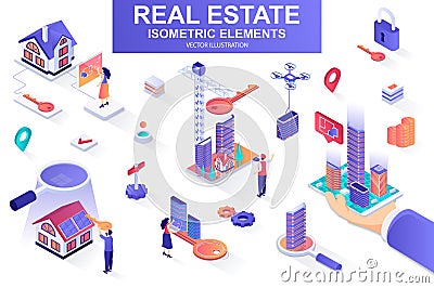 Real estate bundle of isometric elements. Skyscraper, office center, real estate agency, realtor with key, downtown Vector Illustration