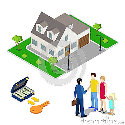 Real Estate Business. Broker Agent Selling House to Young Family. Isometric People. Vector Illustration